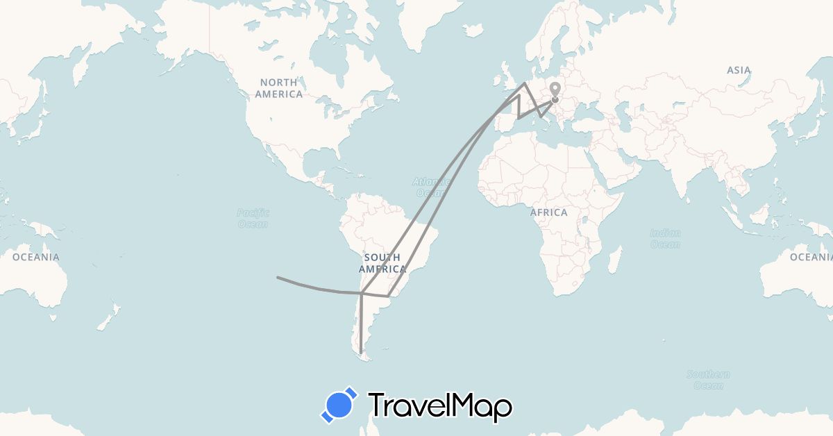 TravelMap itinerary: driving, plane in Argentina, Chile, Spain, France, Hungary, Italy, Netherlands (Europe, South America)
